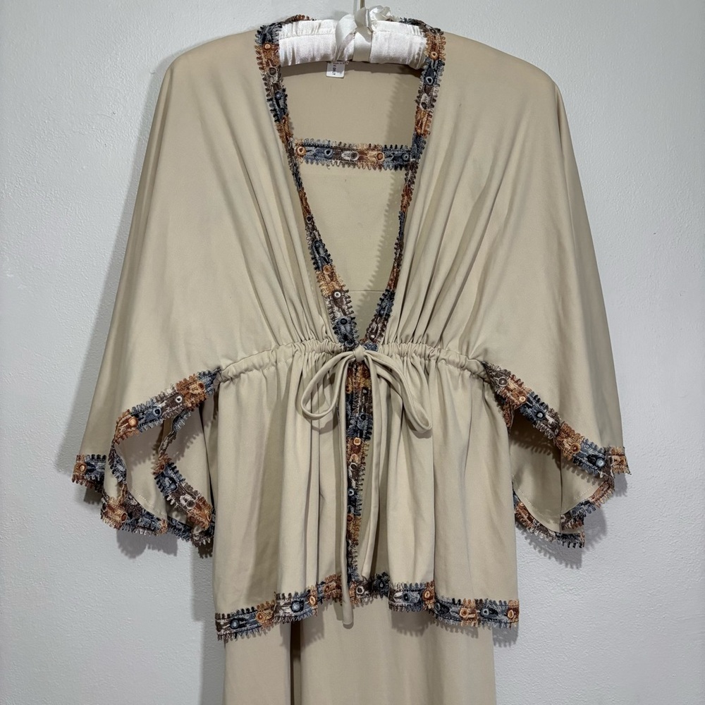 70s Union Made Beige Maxi Slip Dress Lace Detail Kaftan Style Cardigan Wrap Vtg - Picture 10 of 16